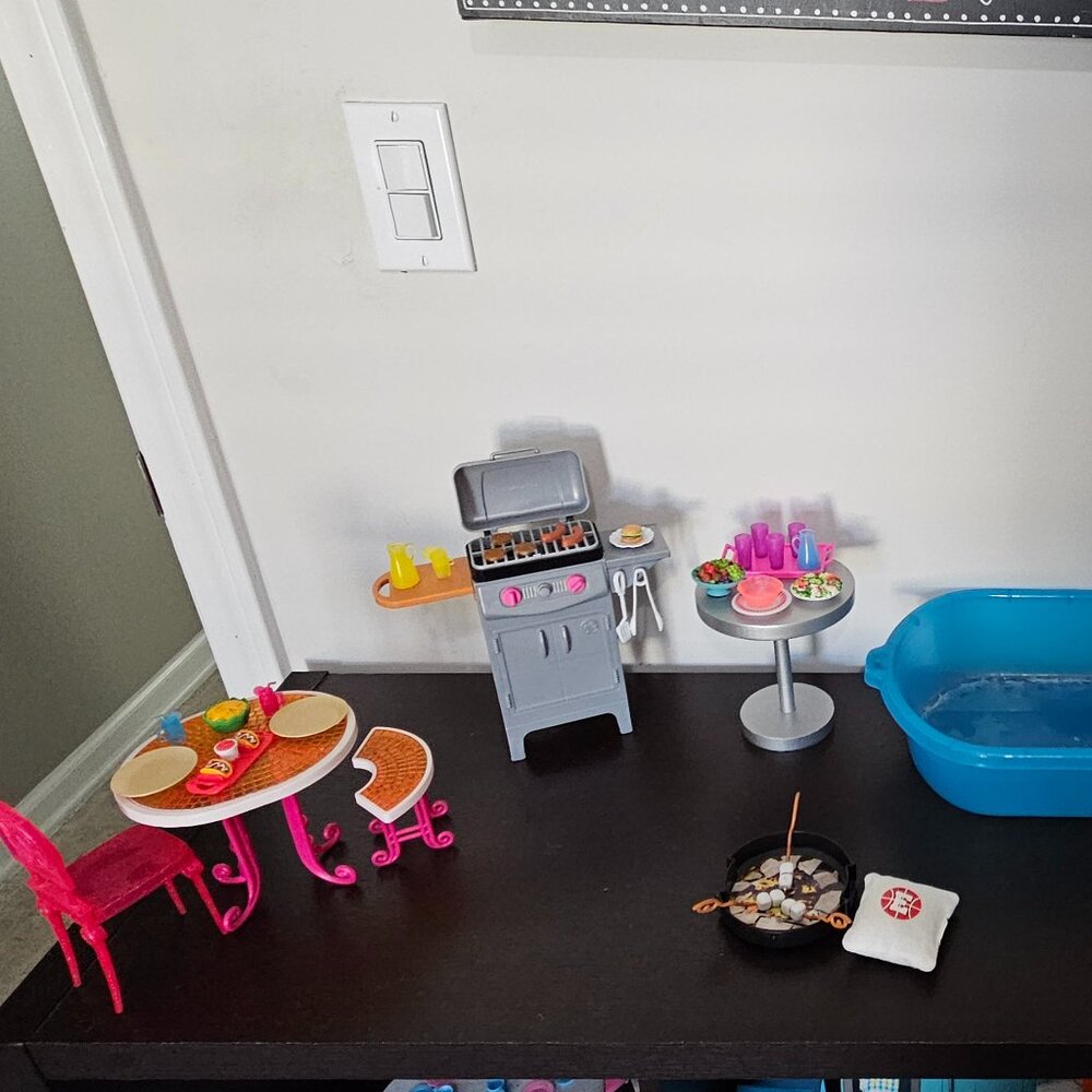Barbie outdoor space with Grill, table & chairs, food, hammock, firepit and pool
